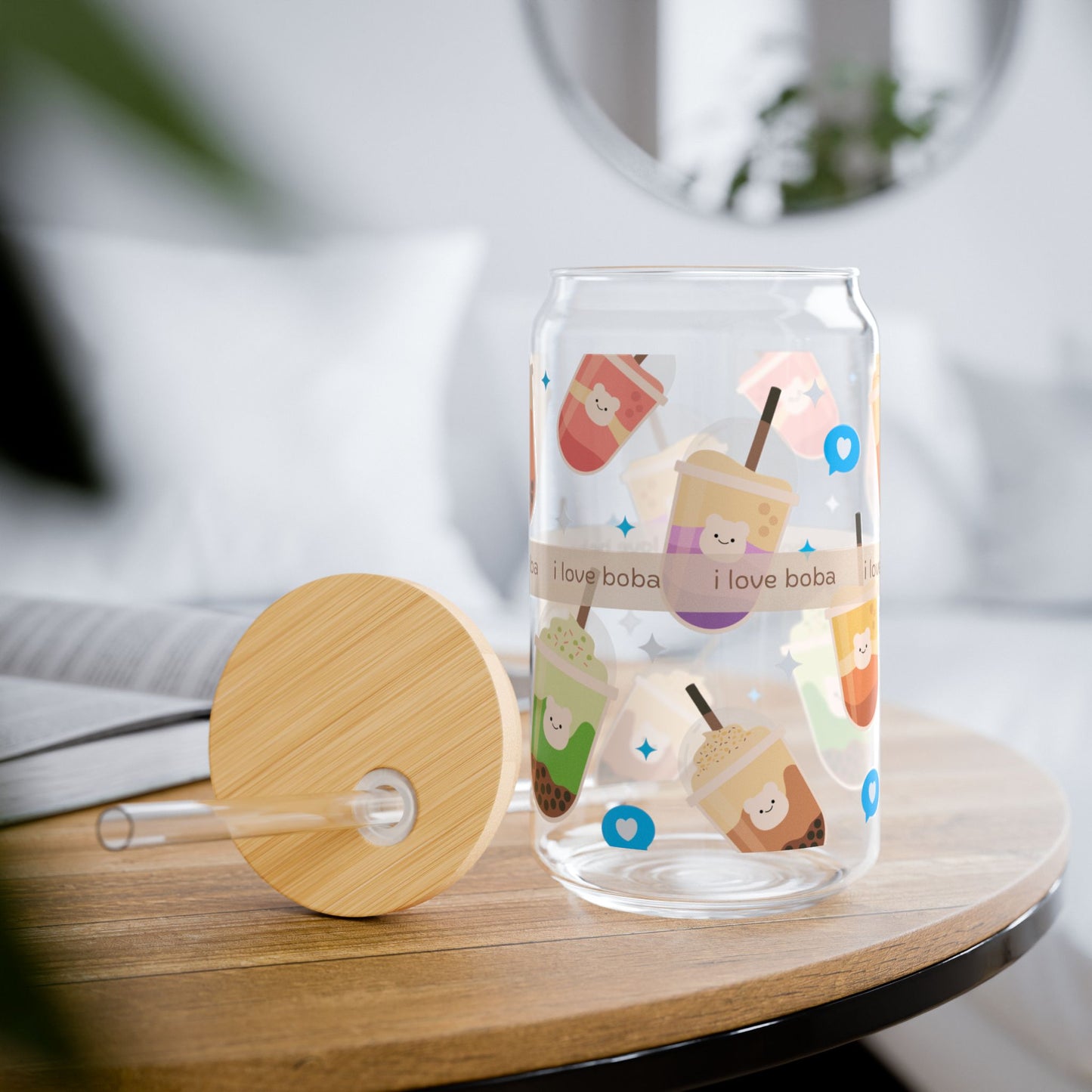cute Boba Sipper Glass with Straw and lid - 16oz