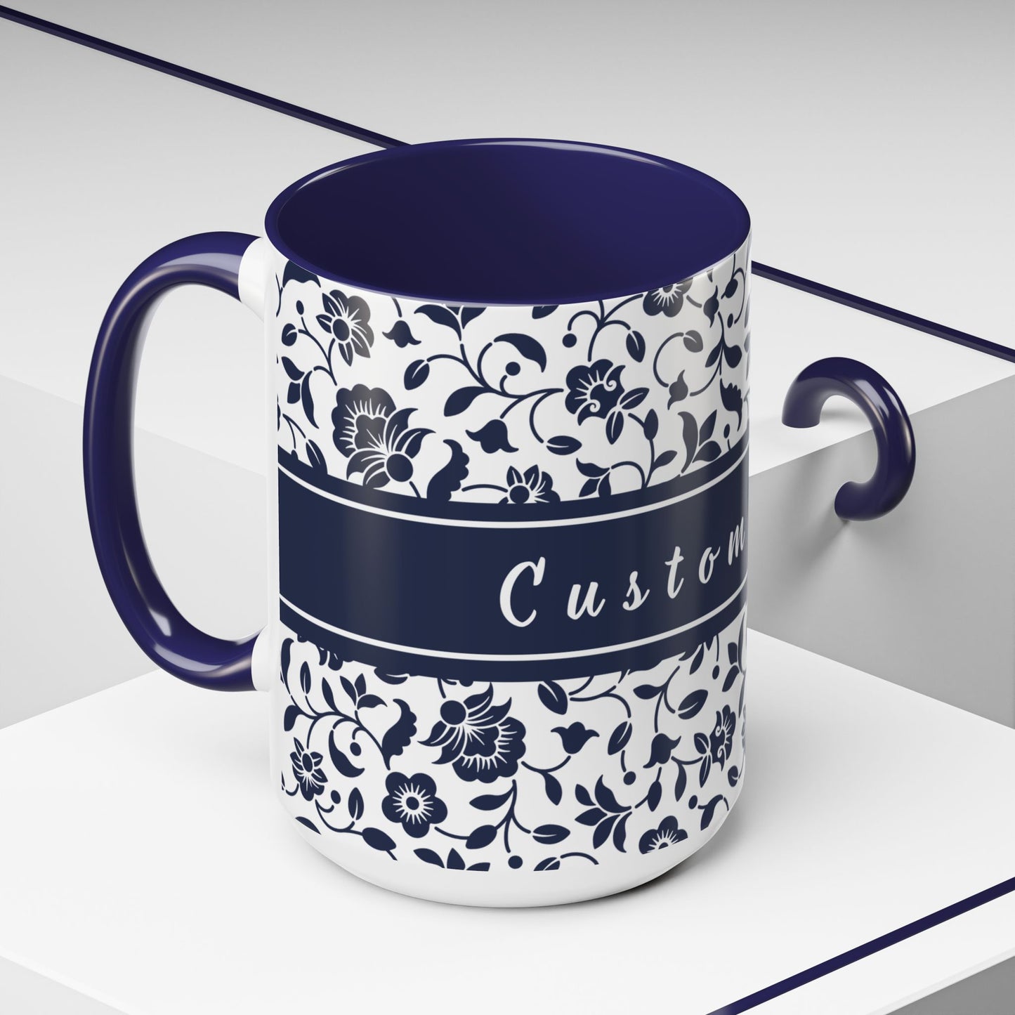 Personalized Floral Accent Coffee Mug Navy Blue - Add Custom text