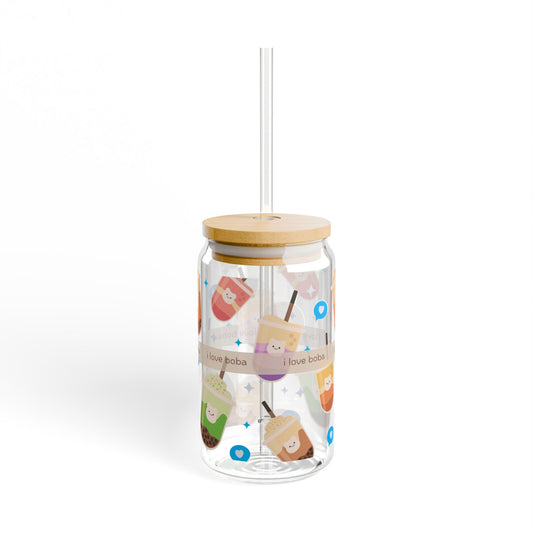 cute Boba Sipper Glass with Straw and lid - 16oz