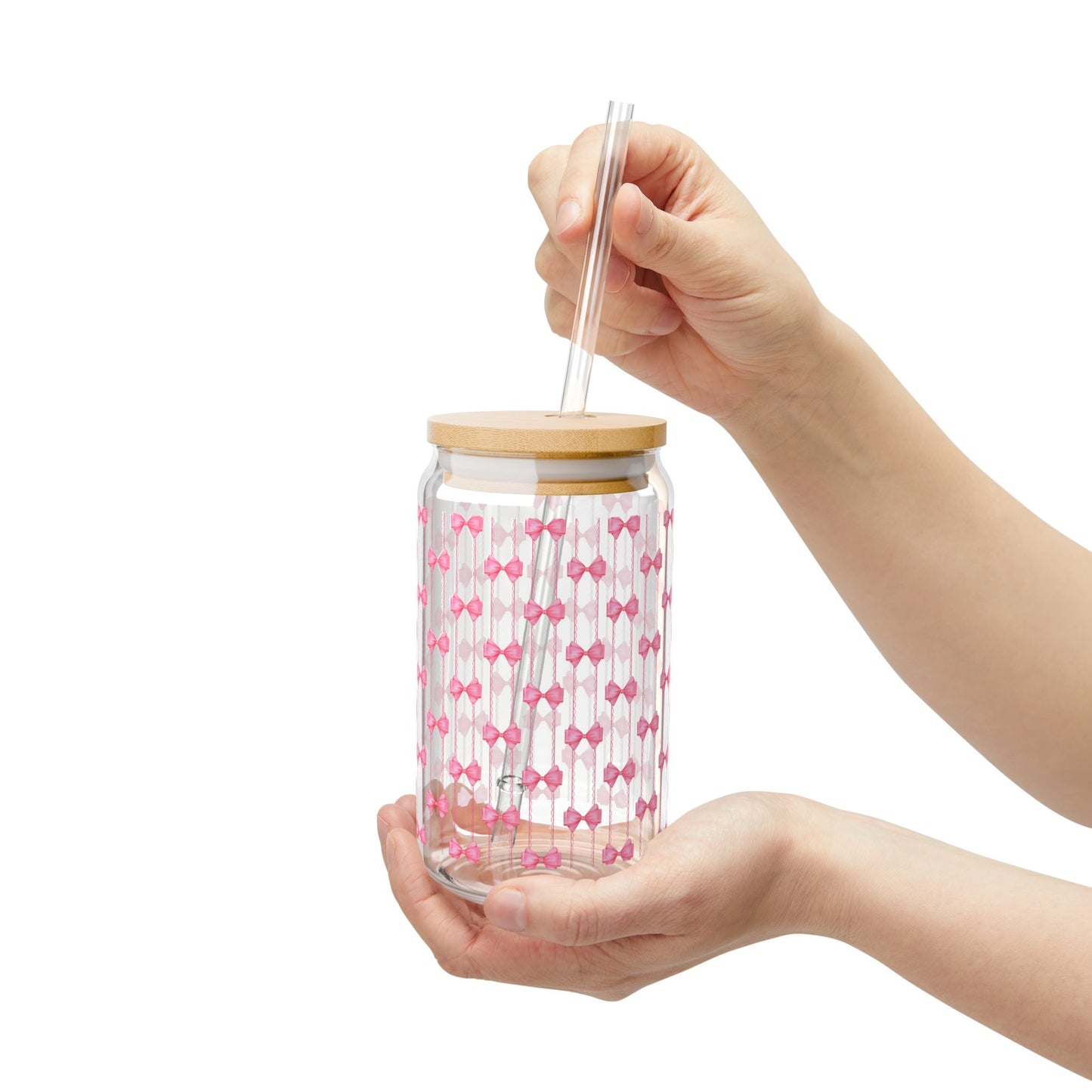 Pink Bow Pattern Sipper Glass with Bamboo Lid - 16oz