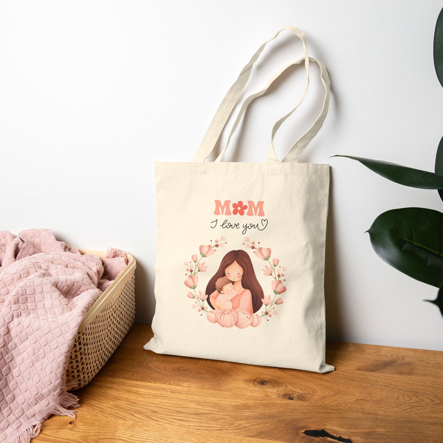 Mom I Love You Tote Bag — Cute Mother & Baby Floral Canvas Tote for Gifting