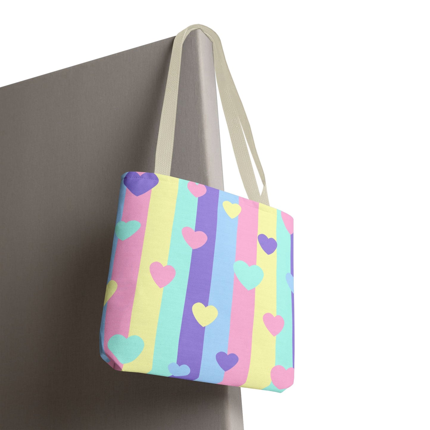 Pastel Heart Stripe Tote Bag — Cute Pattern AOP Tote for Gifts & Everyday Use