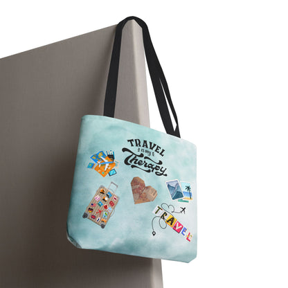 Travel Is My Therapy Tote Bag – Watercolor Passport & Luggage Print
