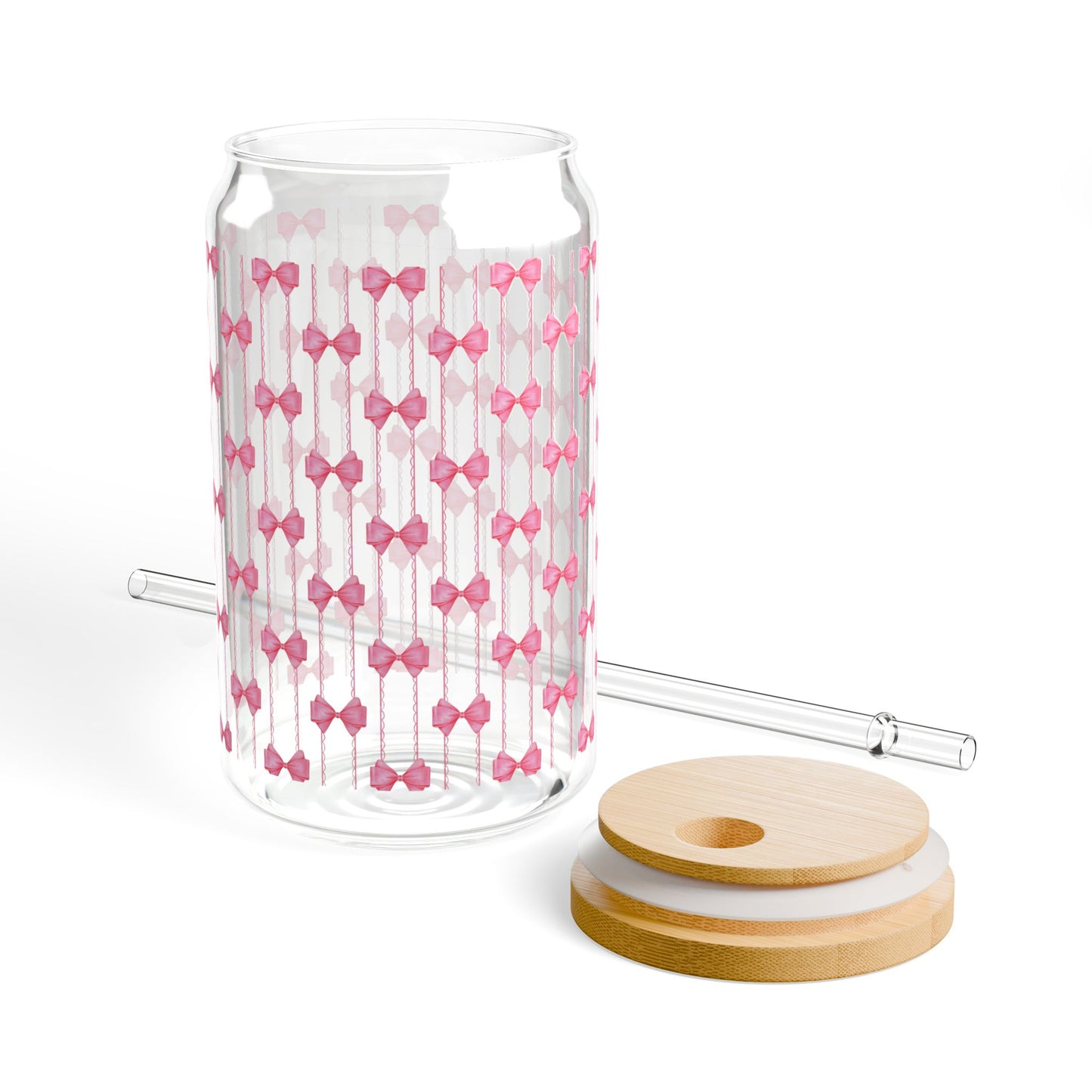 Pink Bow Pattern Sipper Glass with Bamboo Lid - 16oz