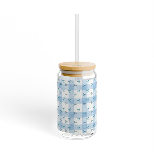 Aesthetic Blue Bow Sipper Glass with Bamboo Lid - 16oz