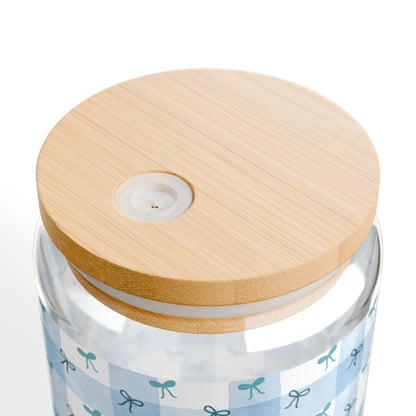 Aesthetic Blue Bow Sipper Glass with Bamboo Lid - 16oz