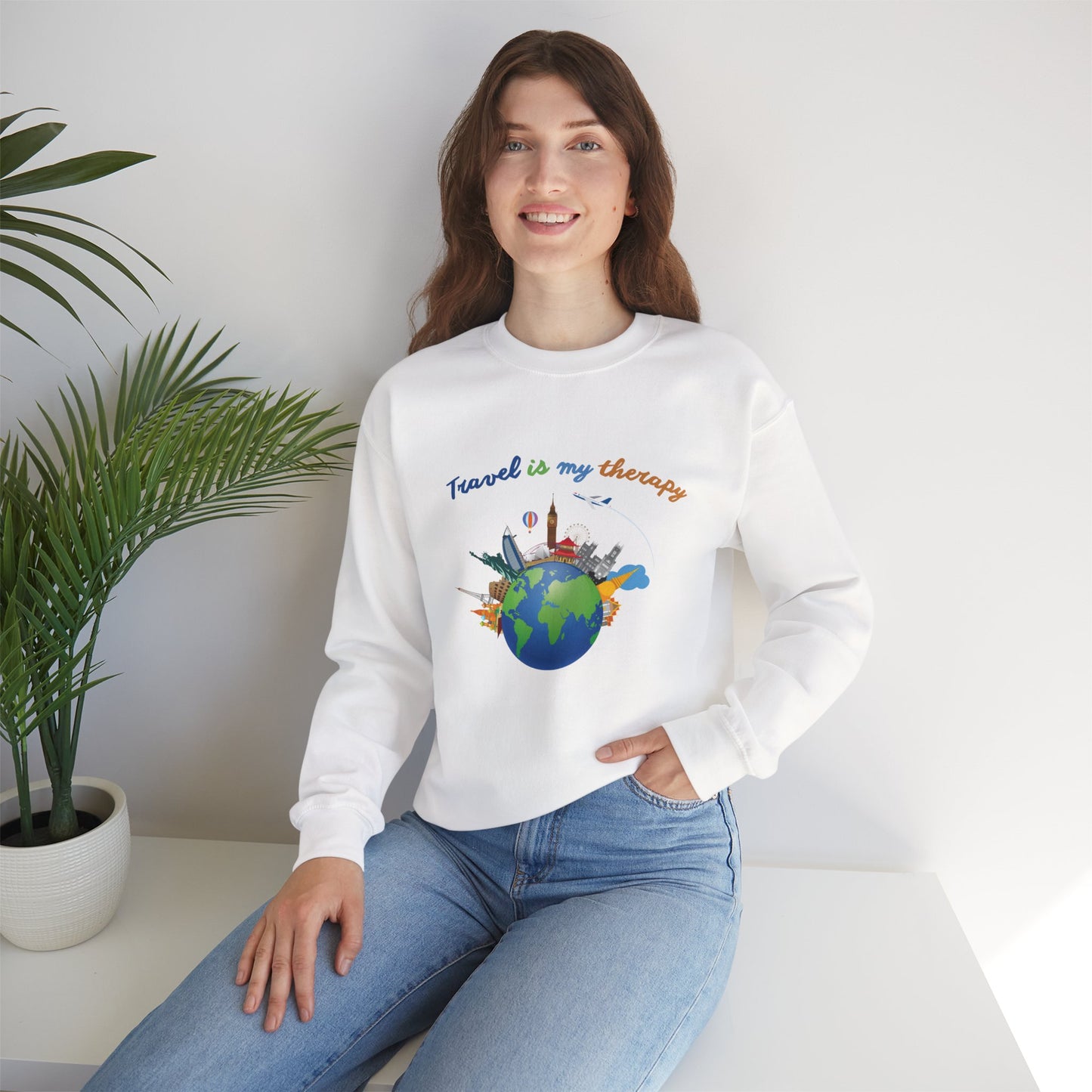Travel Is My Therapy Sweatshirt — Globe & Landmarks Crewneck for Travelers
