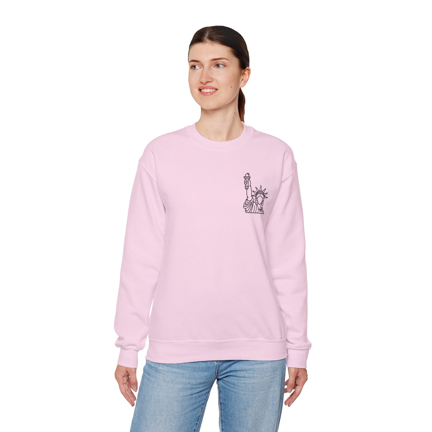 New York City Skyline Crewneck Sweatshirt — Statue of Liberty Chest Graphic
