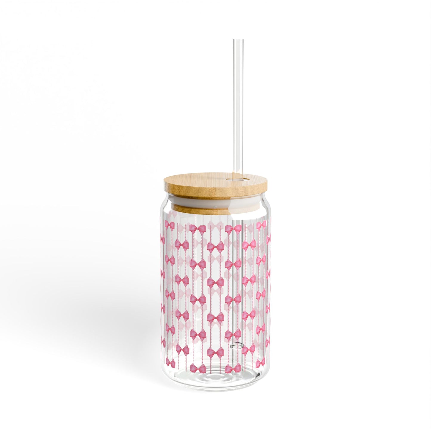 Pink Bow Pattern Sipper Glass with Bamboo Lid - 16oz