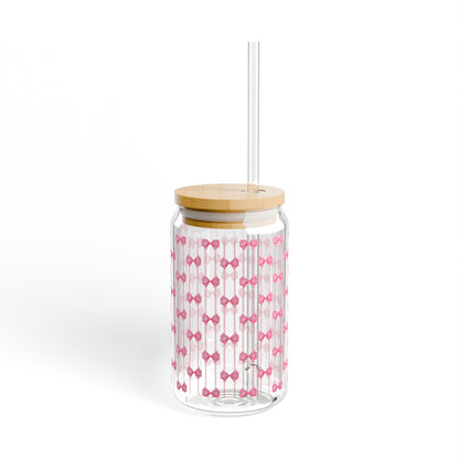 Pink Bow Pattern Sipper Glass with Bamboo Lid - 16oz
