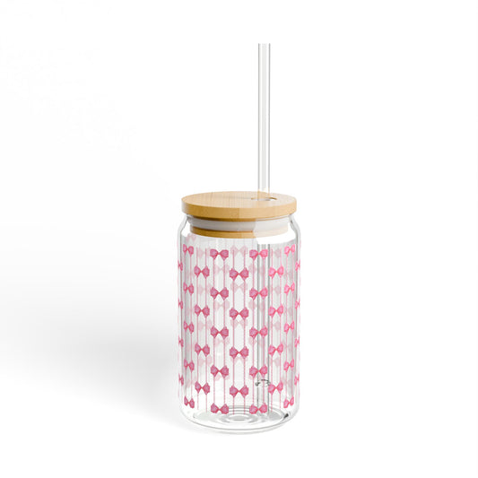 Pink Bow Pattern Sipper Glass with Bamboo Lid - 16oz