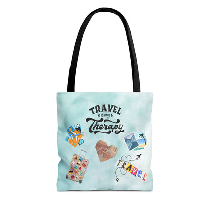 Travel Is My Therapy Tote Bag – Watercolor Passport & Luggage Print