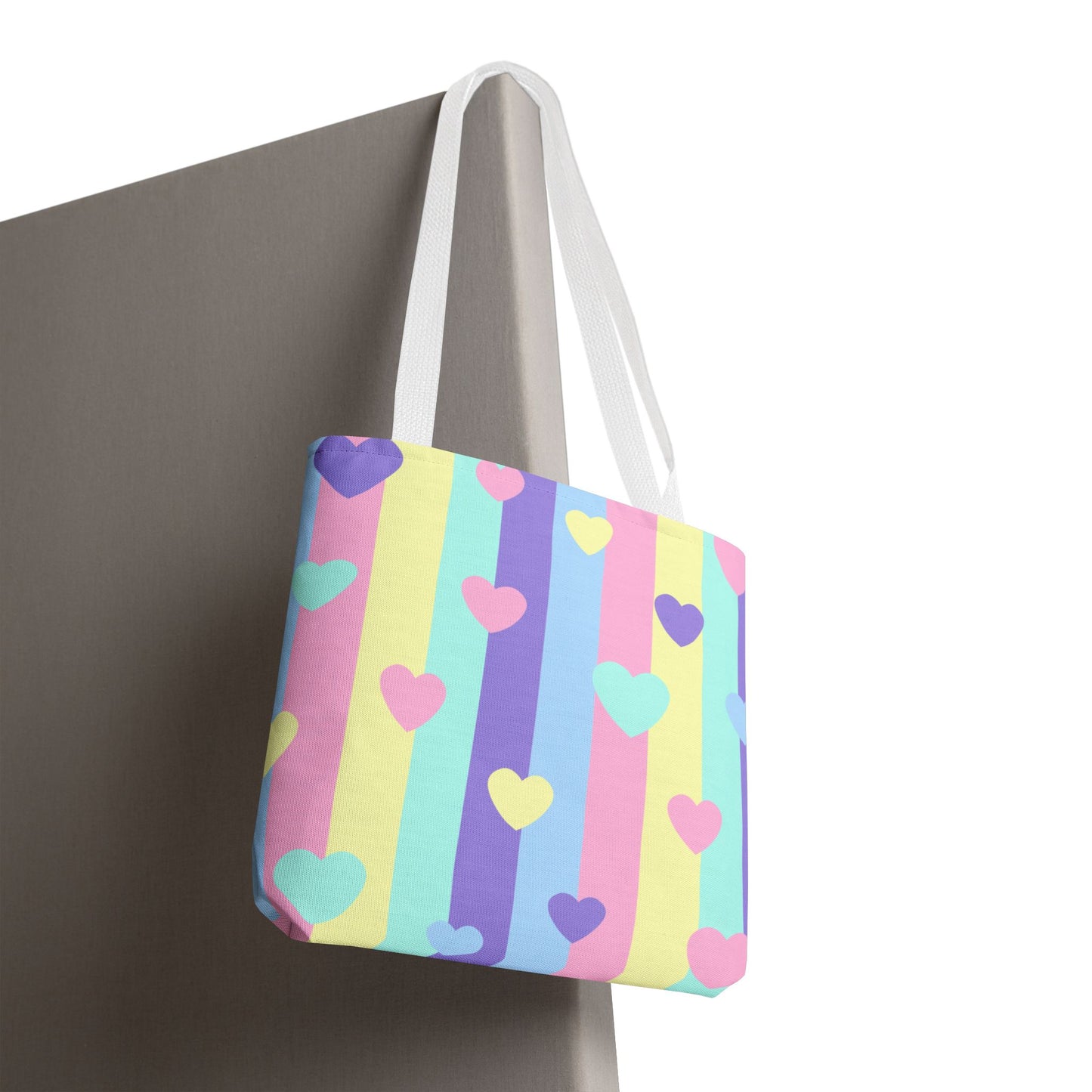 Pastel Heart Stripe Tote Bag — Cute Pattern AOP Tote for Gifts & Everyday Use