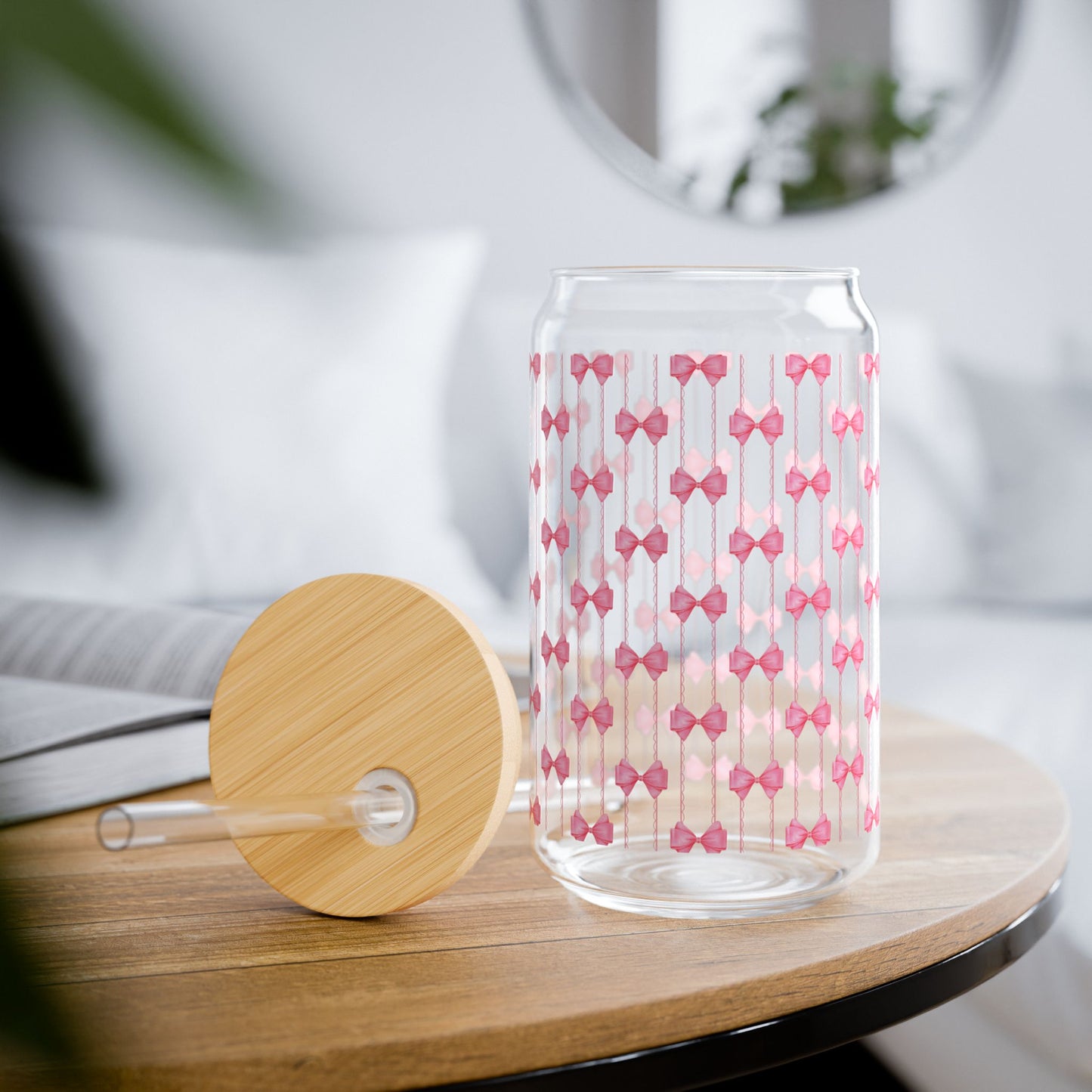 Pink Bow Pattern Sipper Glass with Bamboo Lid - 16oz