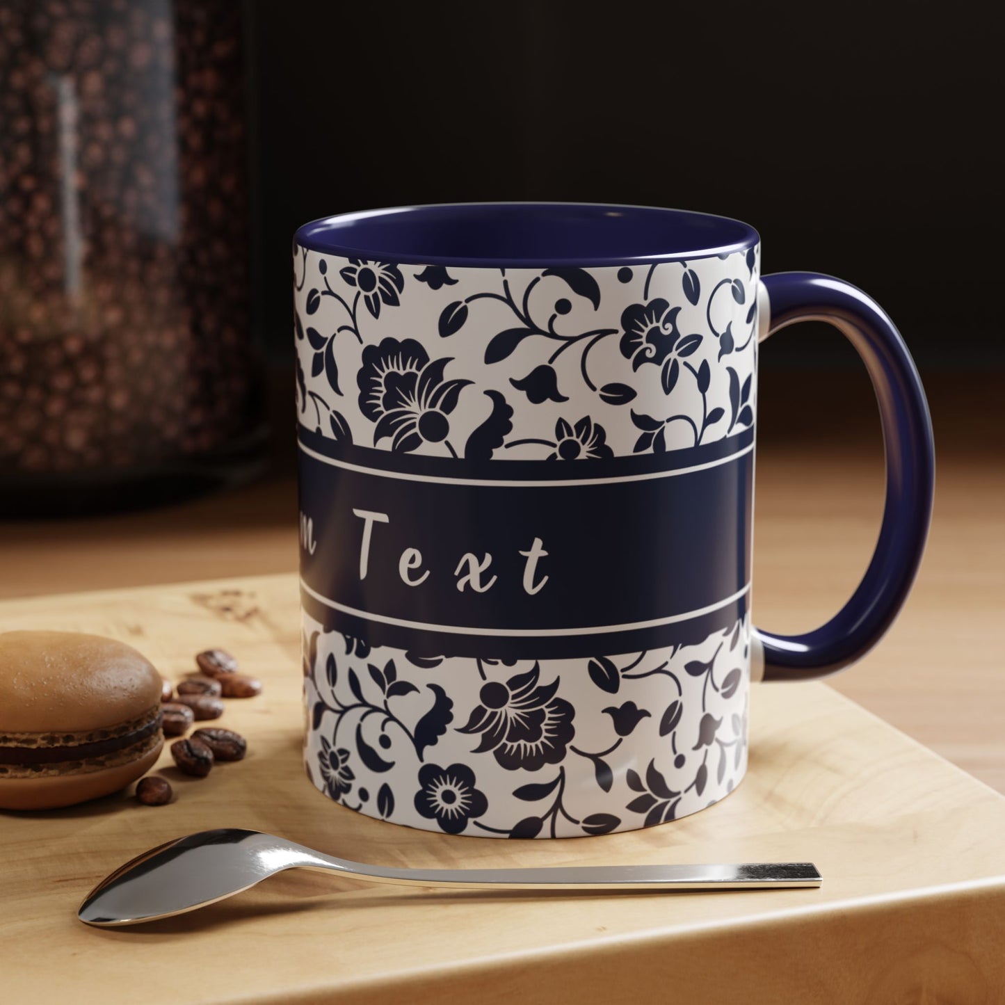 Personalized Floral Accent Coffee Mug  Navy Blue - Add Custom text