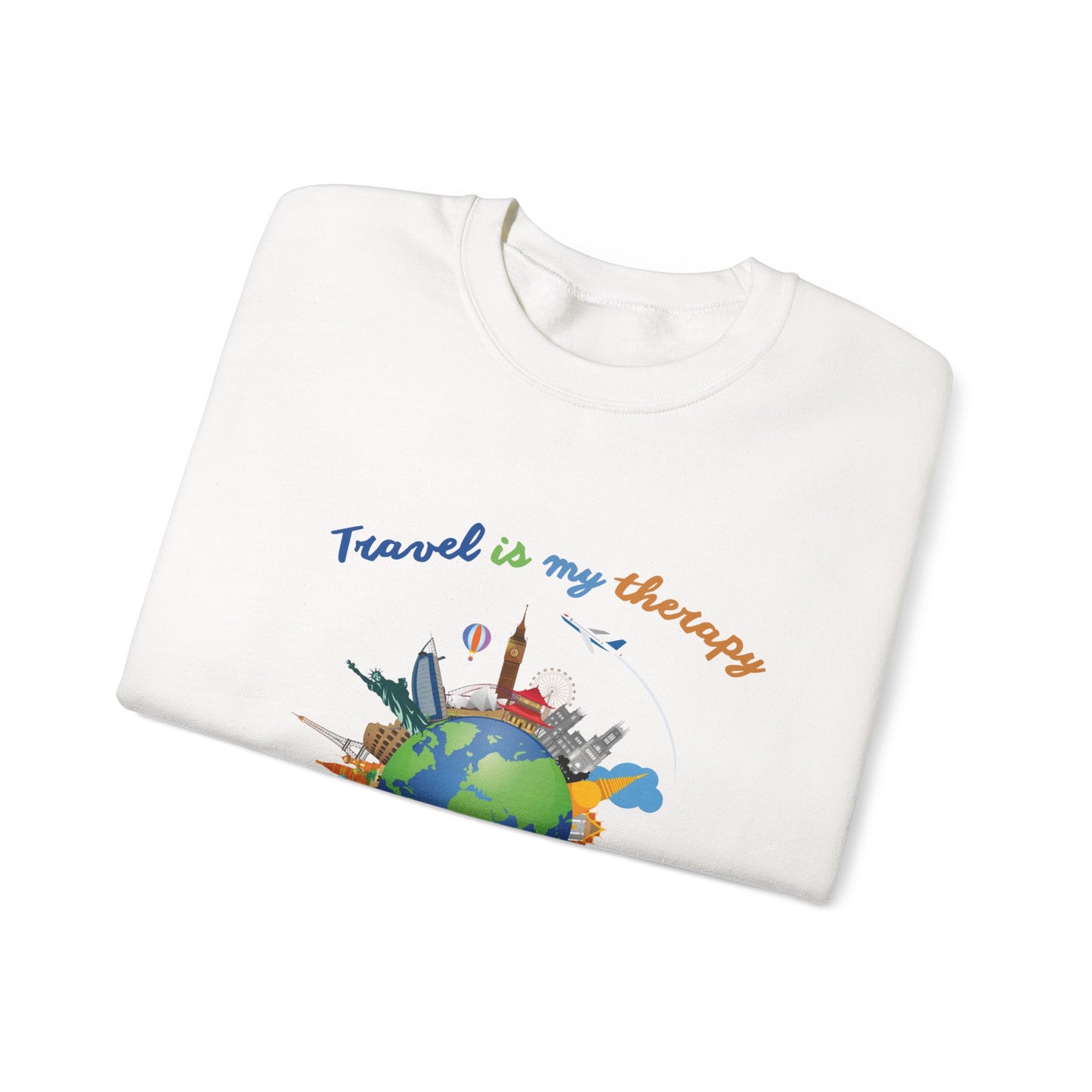 Travel Is My Therapy Sweatshirt — Globe & Landmarks Crewneck for Travelers