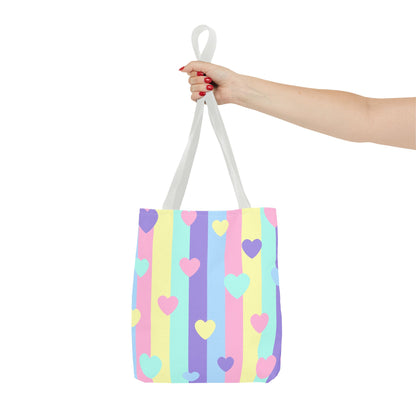 Pastel Heart Stripe Tote Bag — Cute Pattern AOP Tote for Gifts & Everyday Use