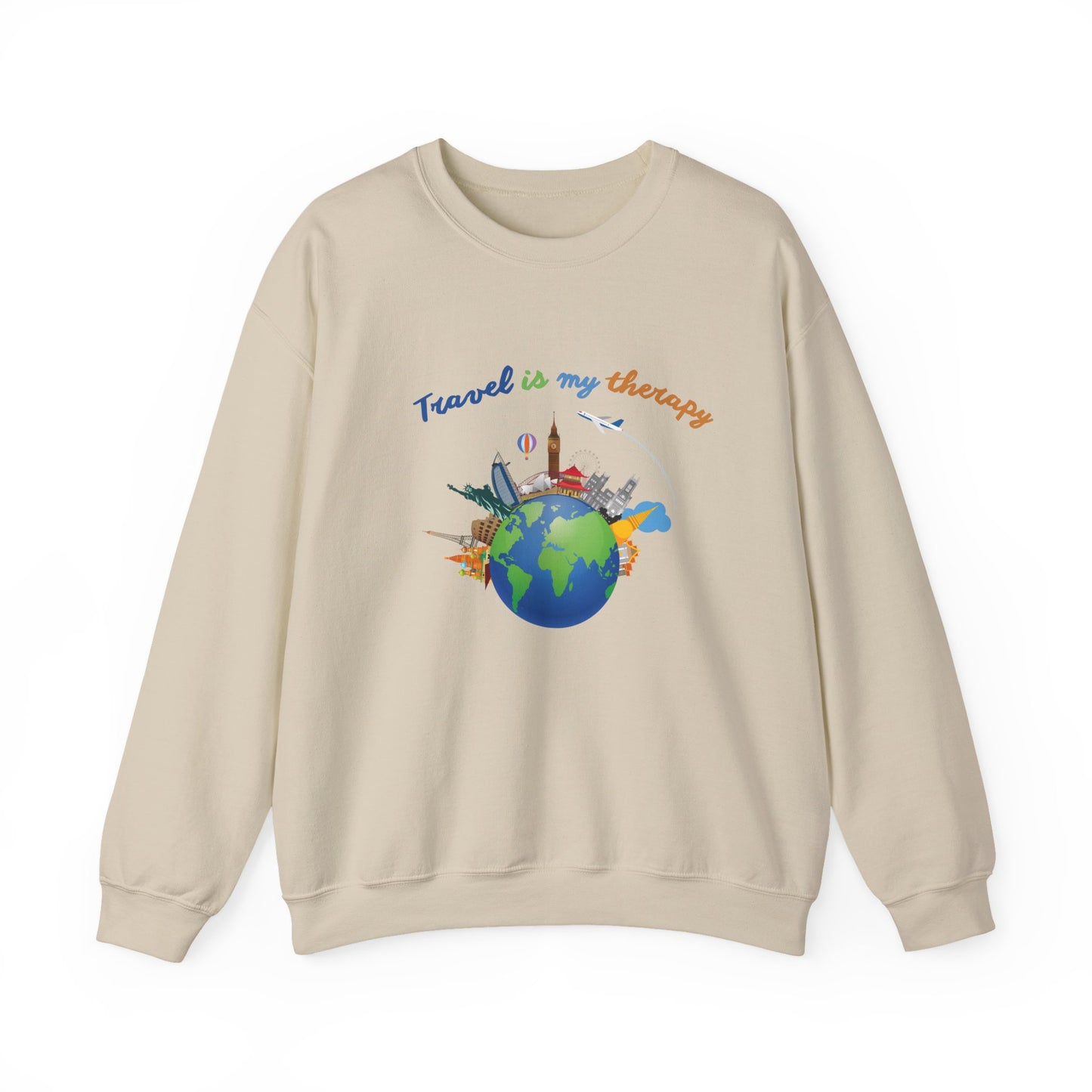 Travel Is My Therapy Sweatshirt — Globe & Landmarks Crewneck for Travelers