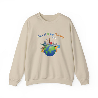 Travel Is My Therapy Sweatshirt — Globe & Landmarks Crewneck for Travelers