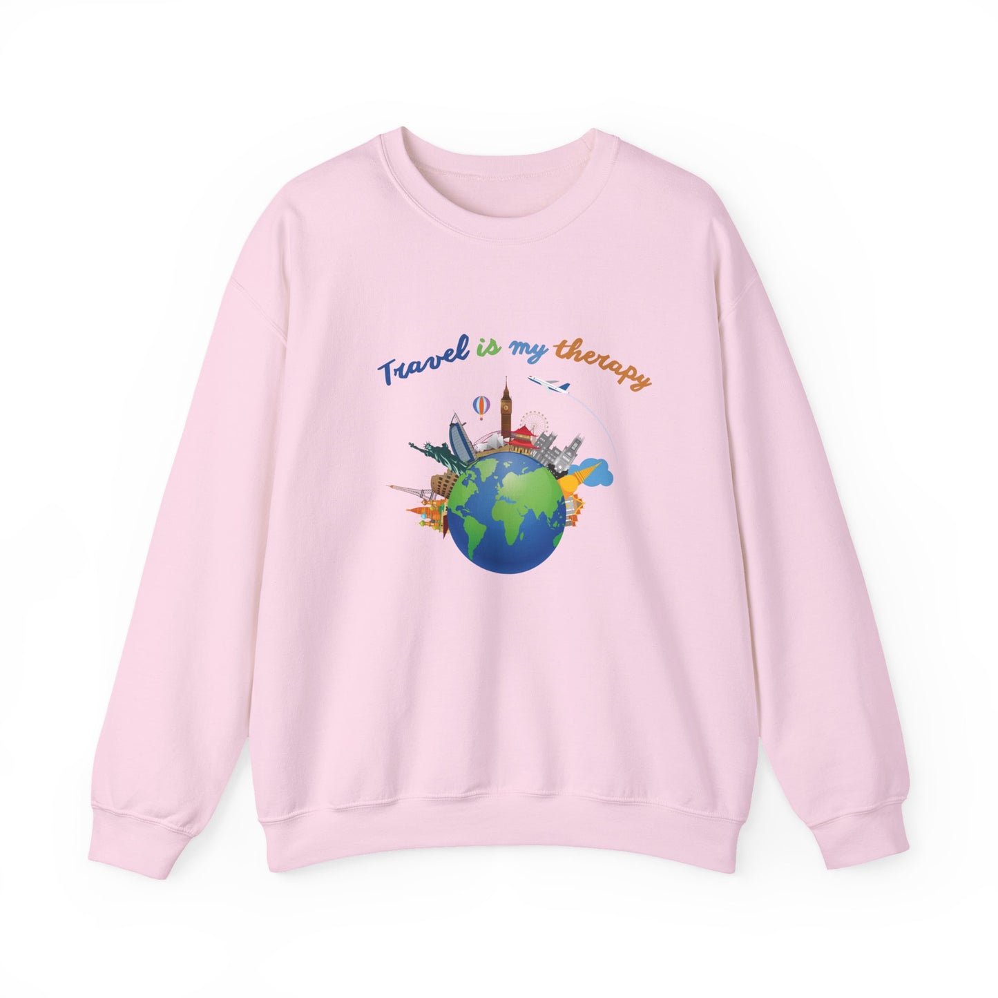 Travel Is My Therapy Sweatshirt — Globe & Landmarks Crewneck for Travelers