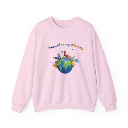 Travel Is My Therapy Sweatshirt — Globe & Landmarks Crewneck for Travelers