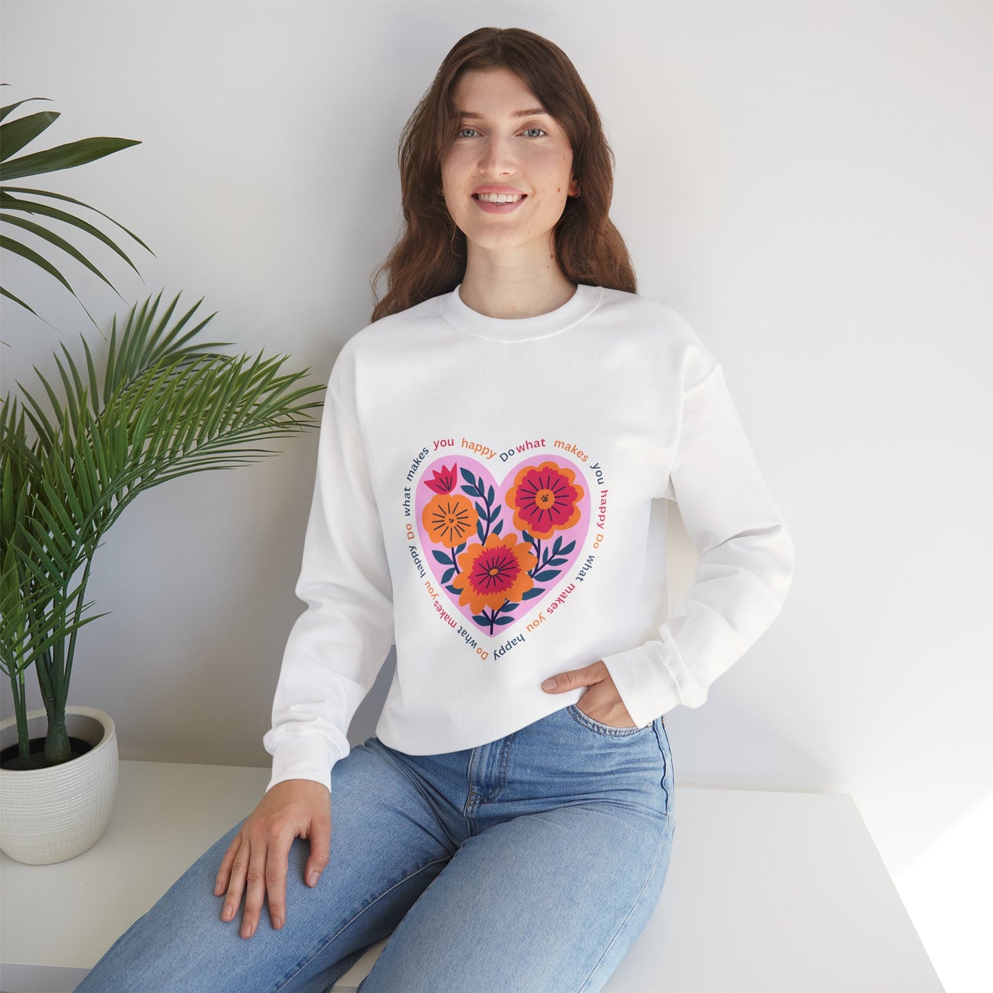 Floral Heart Sweatshirt — 'Do What Makes You Happy' Inspirational Crewneck