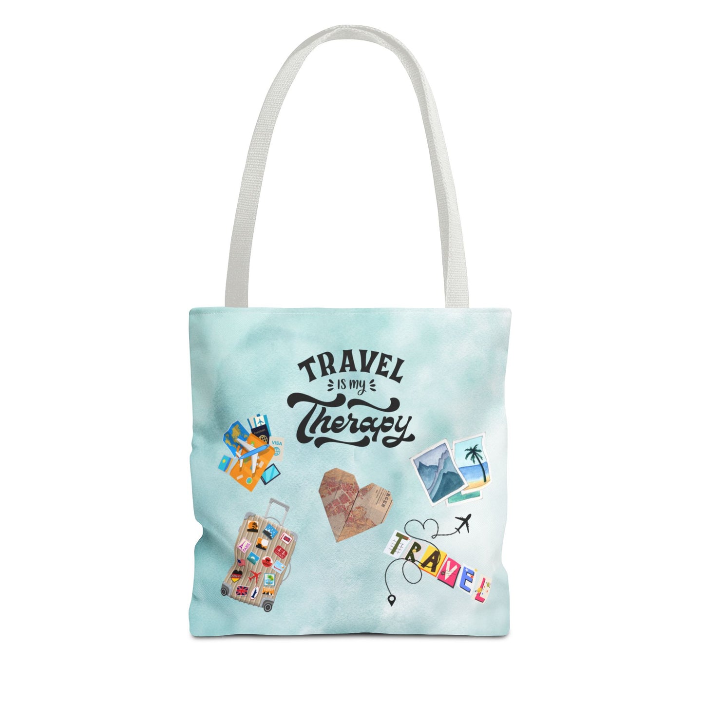 Travel Is My Therapy Tote Bag – Watercolor Passport & Luggage Print
