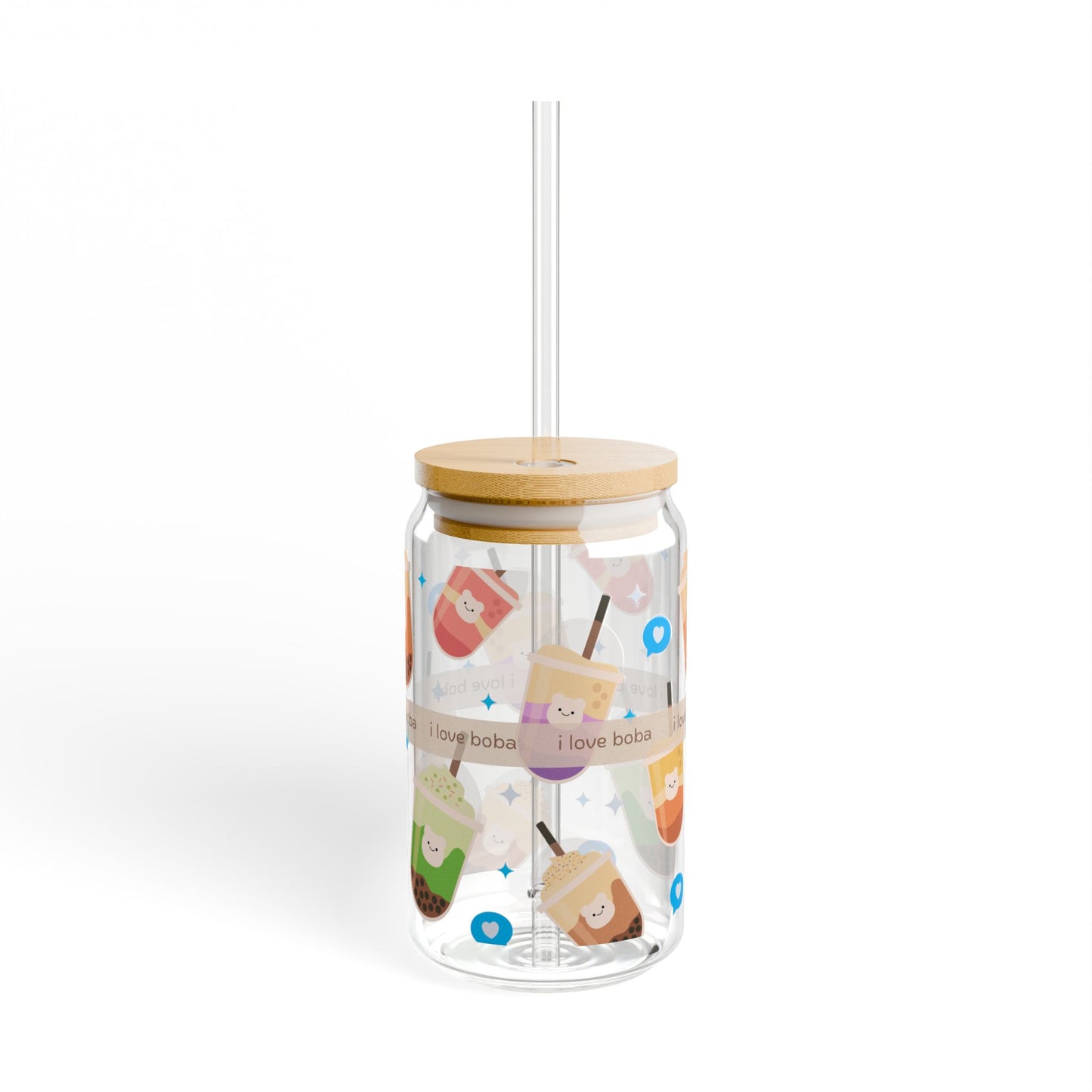 cute Boba Sipper Glass with Straw and lid - 16oz