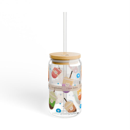 cute Boba Sipper Glass with Straw and lid - 16oz