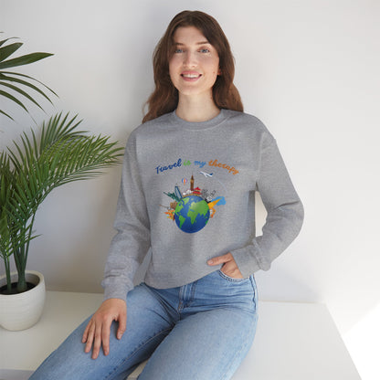 Travel Is My Therapy Sweatshirt — Globe & Landmarks Crewneck for Travelers