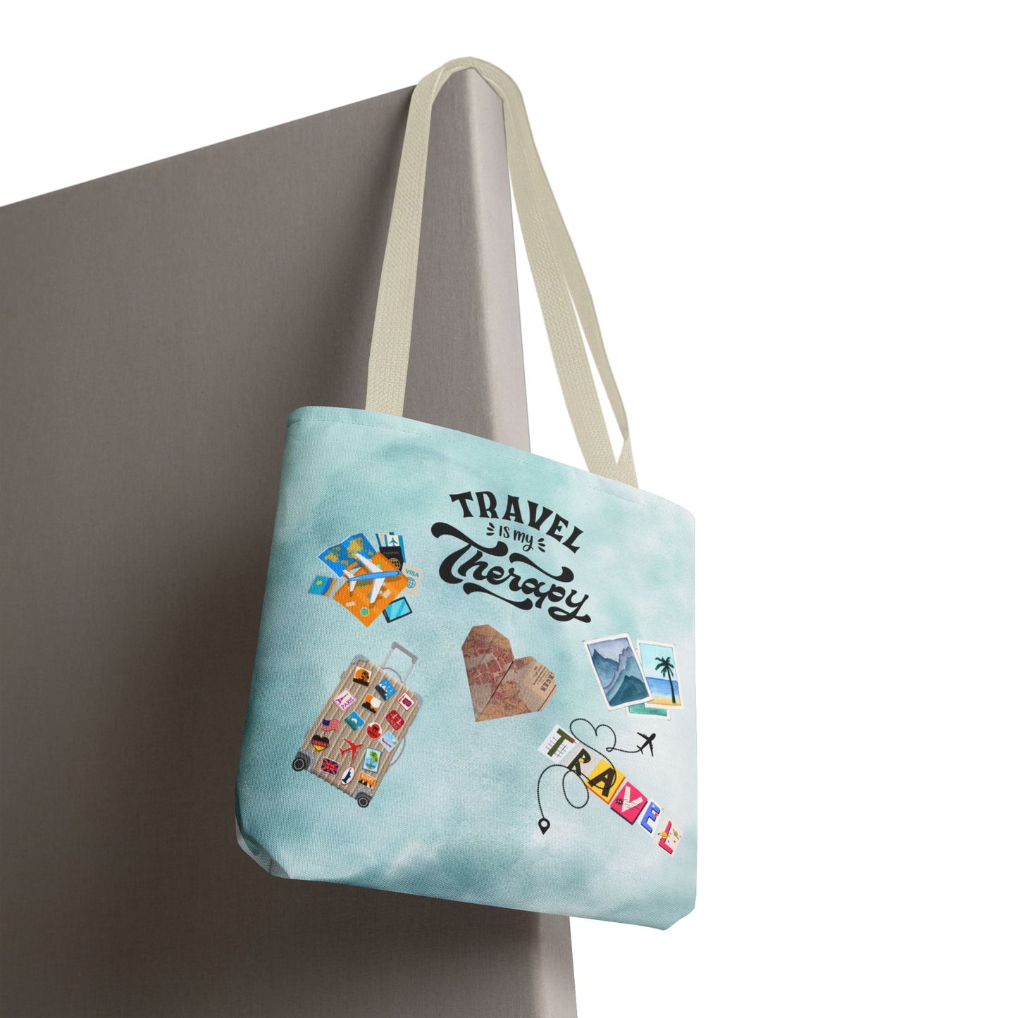 Travel Is My Therapy Tote Bag – Watercolor Passport & Luggage Print