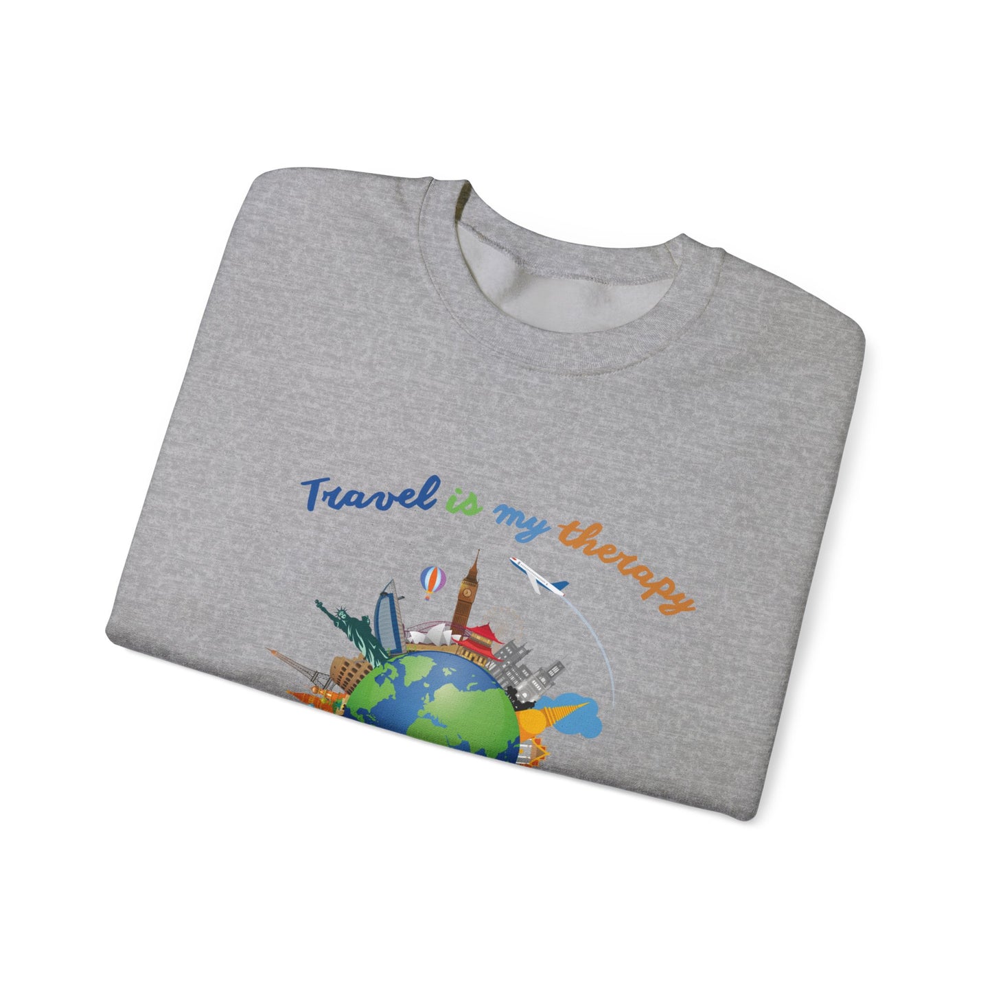 Travel Is My Therapy Sweatshirt — Globe & Landmarks Crewneck for Travelers