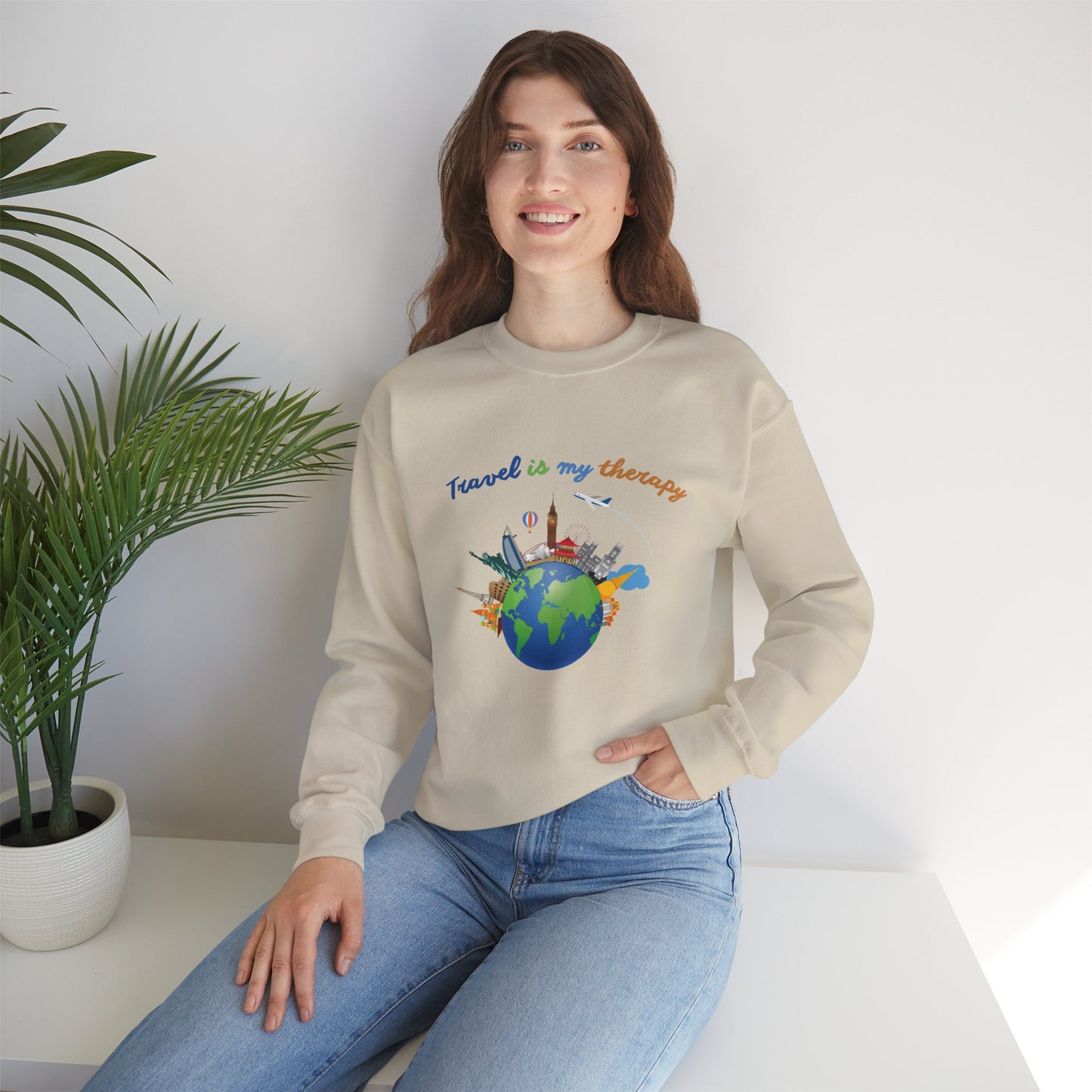 Travel Is My Therapy Sweatshirt — Globe & Landmarks Crewneck for Travelers