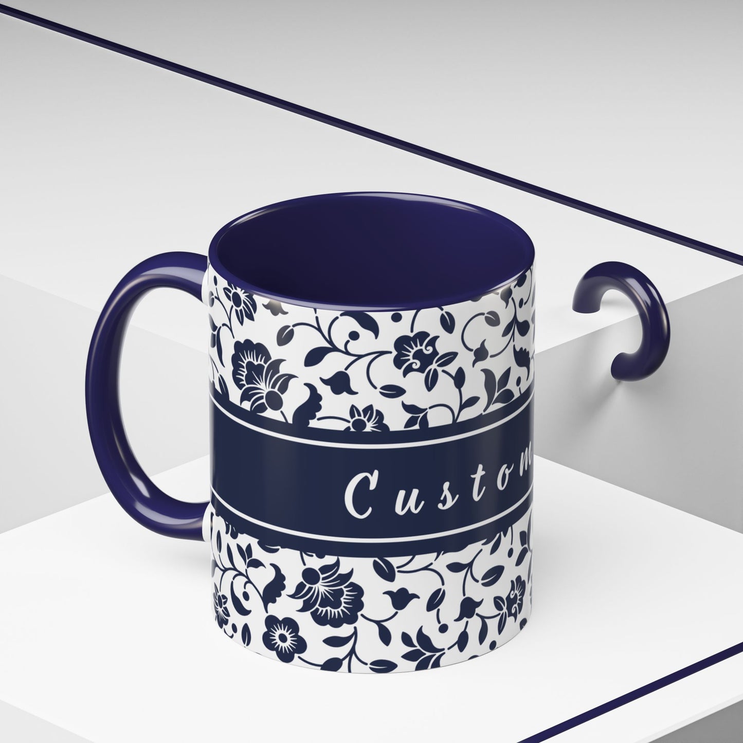 Personalized Floral Accent Coffee Mug  Navy Blue - Add Custom text