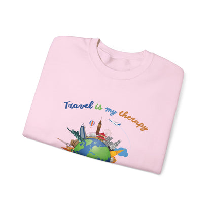 Travel Is My Therapy Sweatshirt — Globe & Landmarks Crewneck for Travelers
