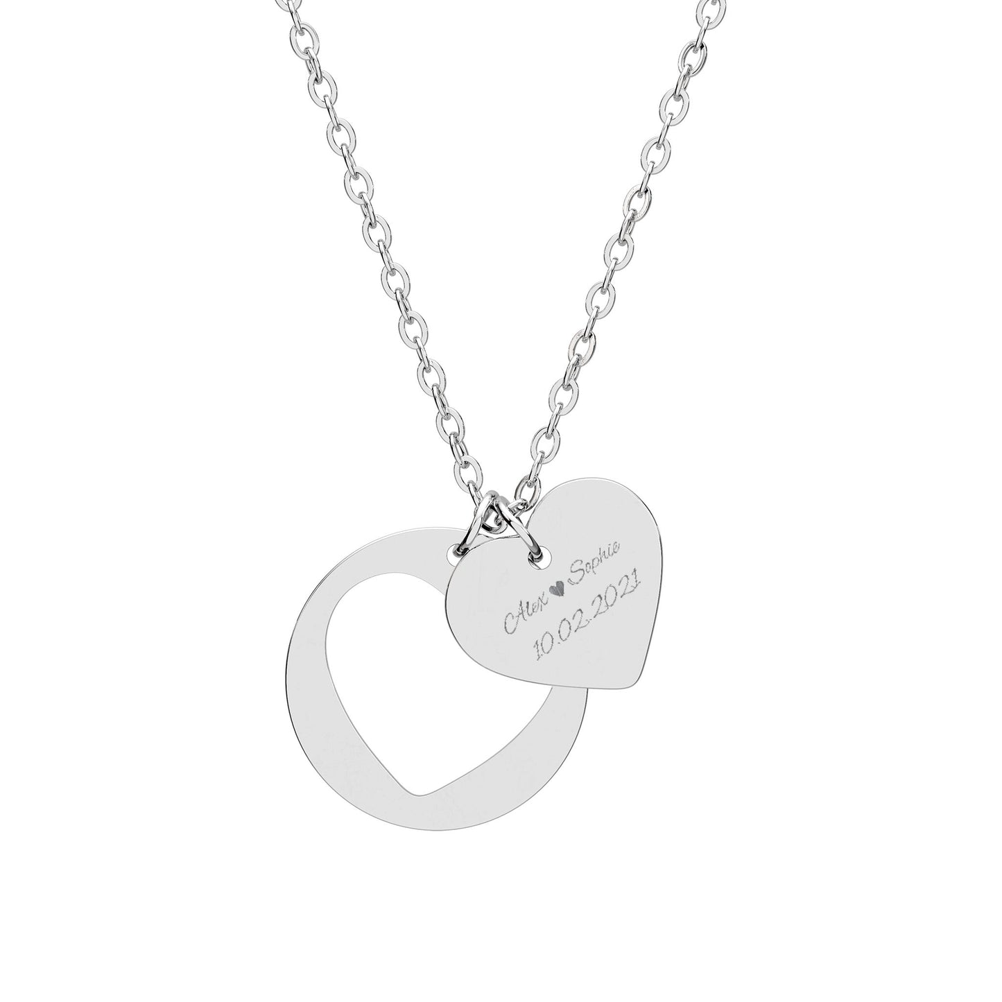 Heart Cutout Necklace — Engraved Heart Pendant on Circle Charm (Sterling/Silver & Rose Gold)