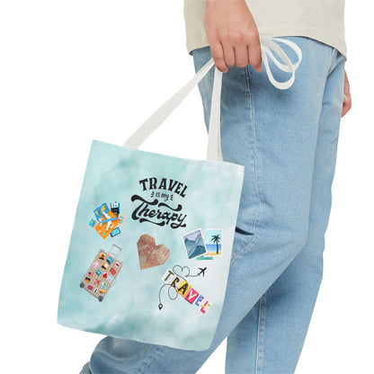 Travel Is My Therapy Tote Bag – Watercolor Passport & Luggage Print