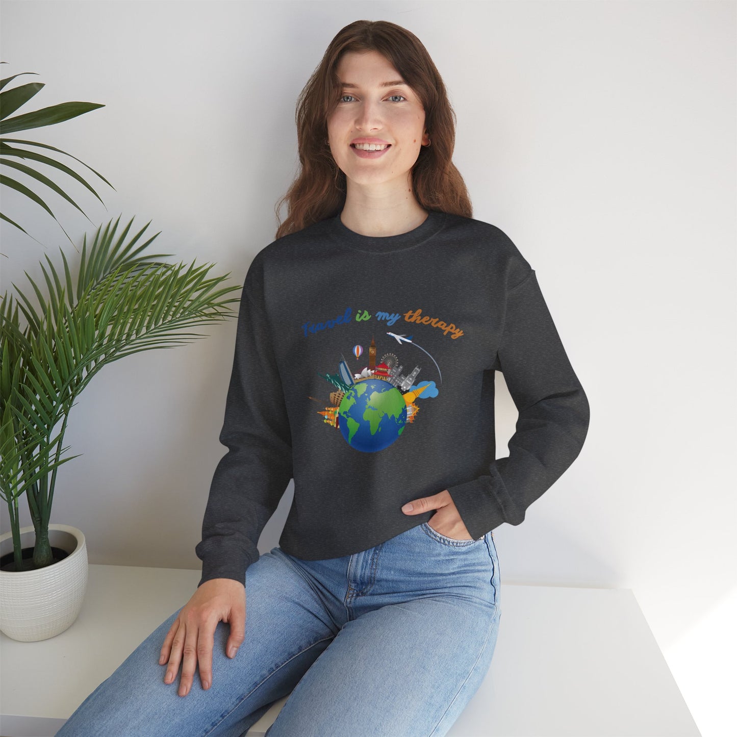 Travel Is My Therapy Sweatshirt — Globe & Landmarks Crewneck for Travelers