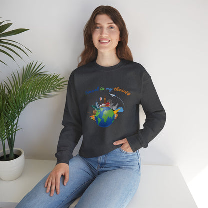 Travel Is My Therapy Sweatshirt — Globe & Landmarks Crewneck for Travelers