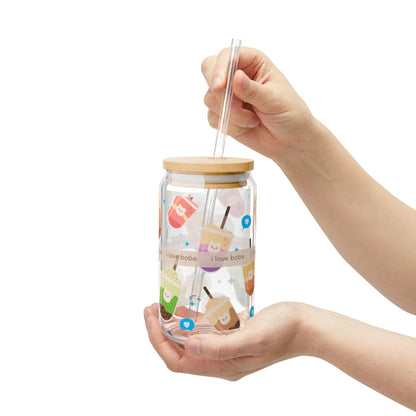 cute Boba Sipper Glass with Straw and lid - 16oz