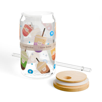 cute Boba Sipper Glass with Straw and lid - 16oz