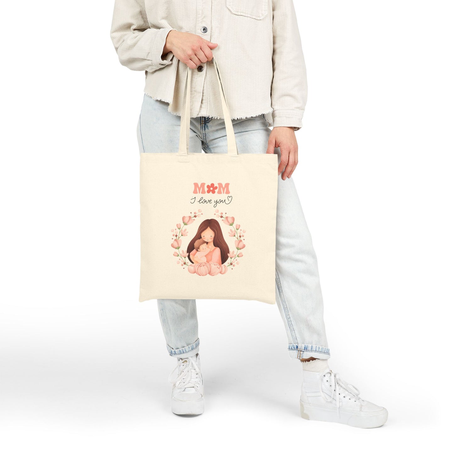 Mom I Love You Tote Bag — Cute Mother & Baby Floral Canvas Tote for Gifting