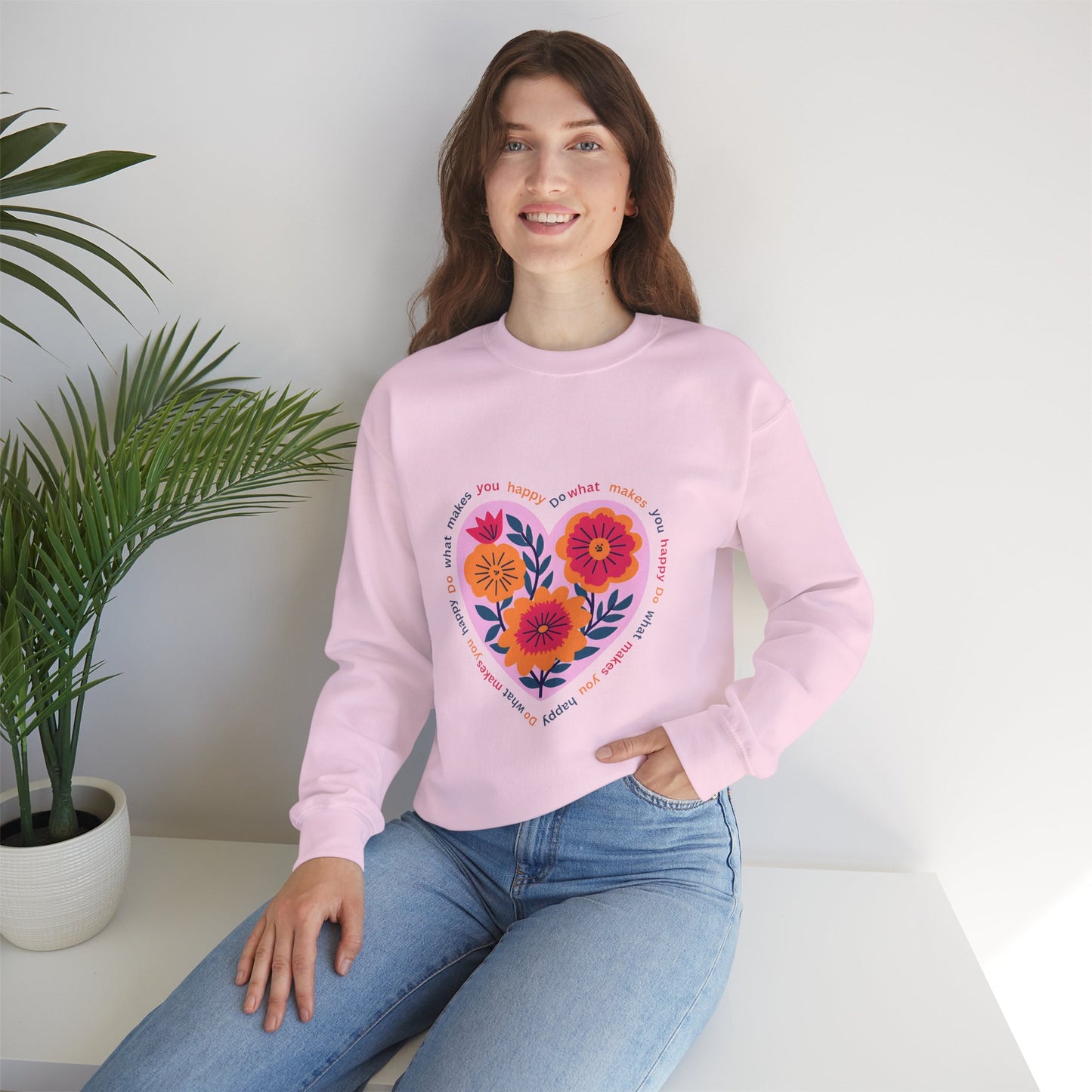 Floral Heart Sweatshirt — 'Do What Makes You Happy' Inspirational Crewneck