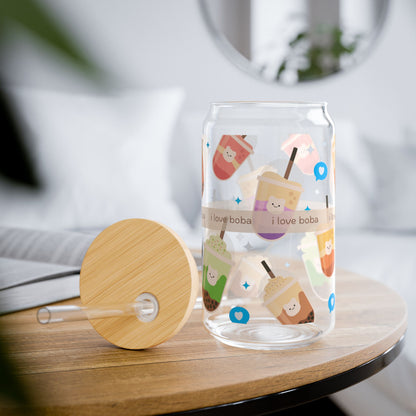 cute Boba Sipper Glass with Straw and lid - 16oz