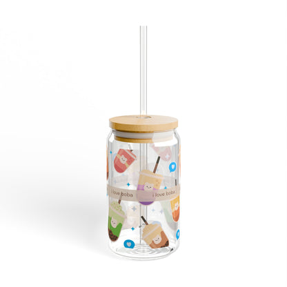 cute Boba Sipper Glass with Straw and lid - 16oz