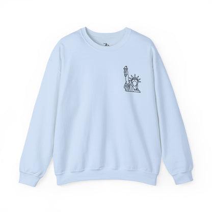New York City Skyline Crewneck Sweatshirt — Statue of Liberty Chest Graphic