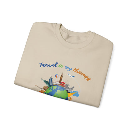 Travel Is My Therapy Sweatshirt — Globe & Landmarks Crewneck for Travelers