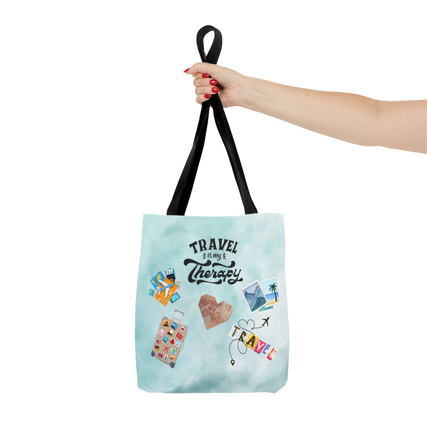 Travel Is My Therapy Tote Bag – Watercolor Passport & Luggage Print