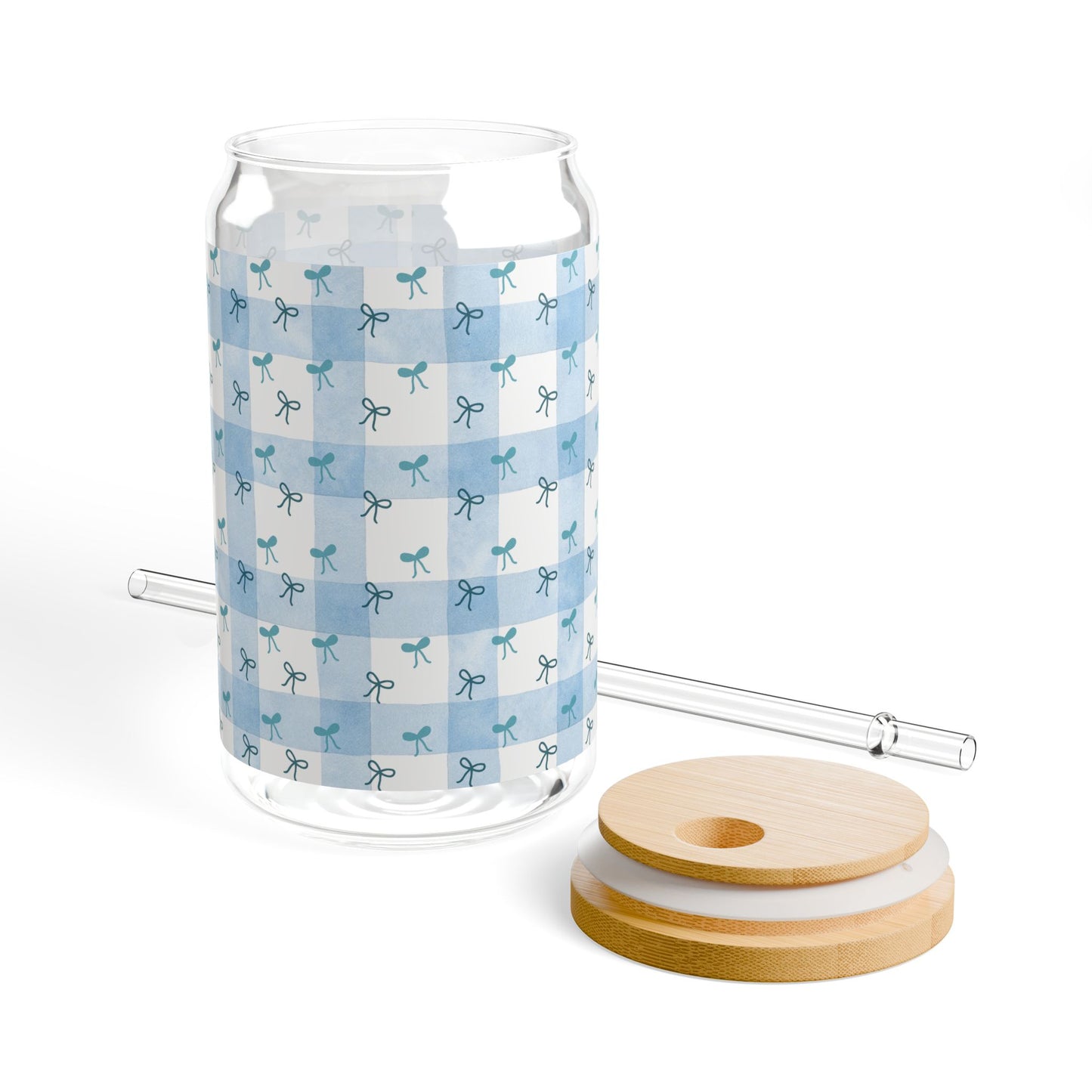 Aesthetic Blue Bow Sipper Glass with Bamboo Lid - 16oz