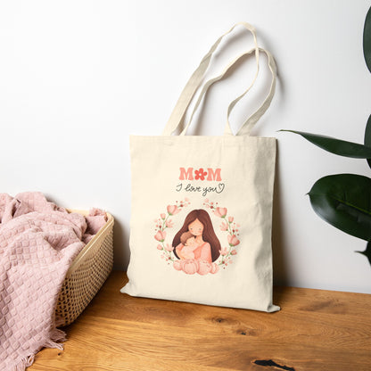 Mom I Love You Tote Bag — Cute Mother & Baby Floral Canvas Tote for Gifting